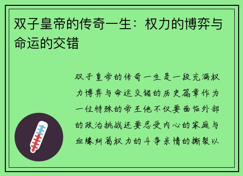 双子皇帝的传奇一生：权力的博弈与命运的交错